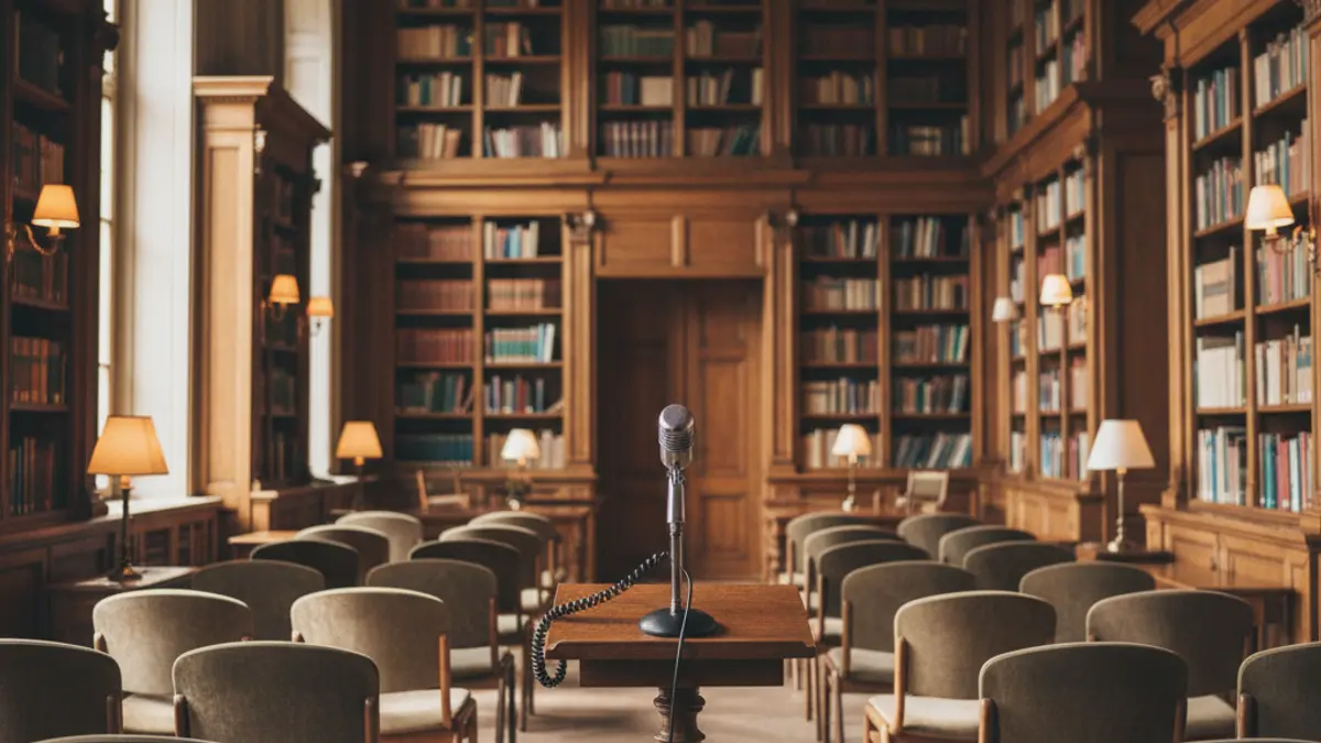 Imagen genérica de una biblioteca o sala de lectura, con un ambiente acogedor y libros en estanterías.