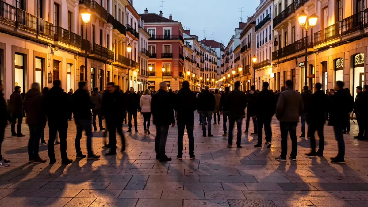 Generic image of an urban square in Madrid at dusk with people gathering.