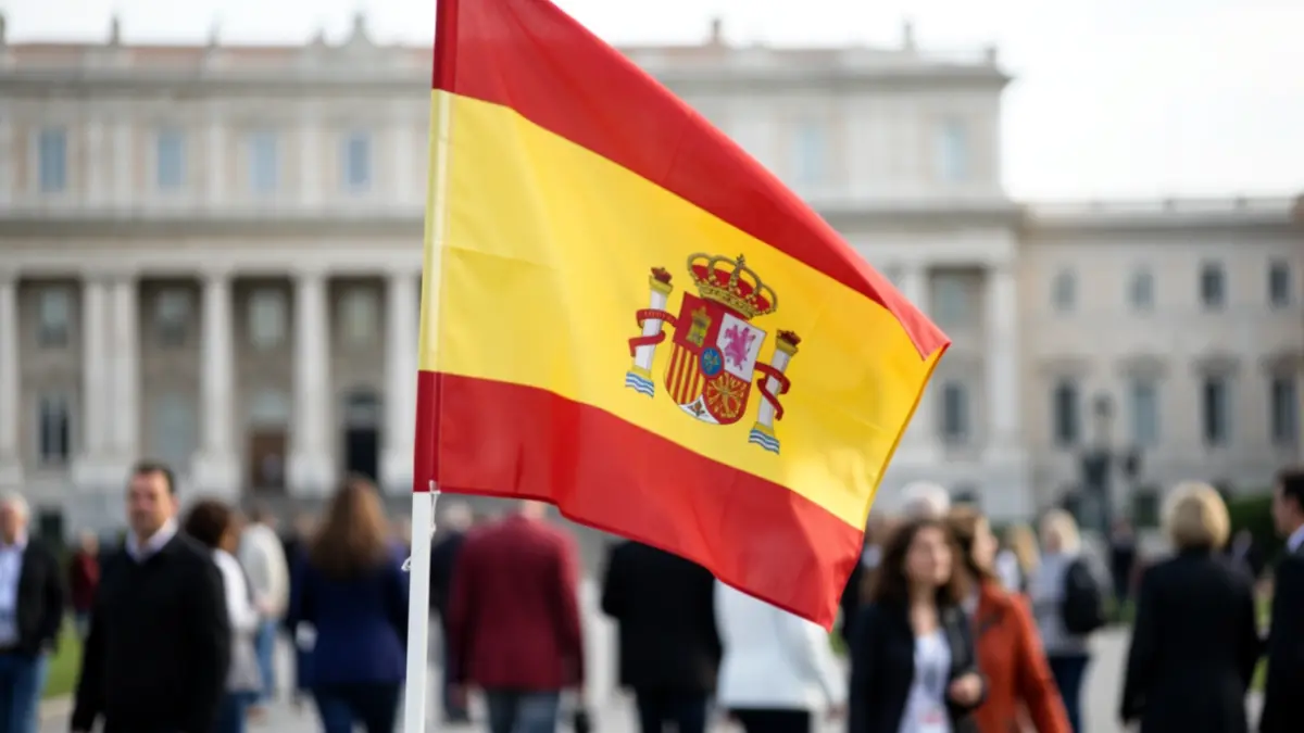 Spanish flag waving in front of the Moncloa Palace.
