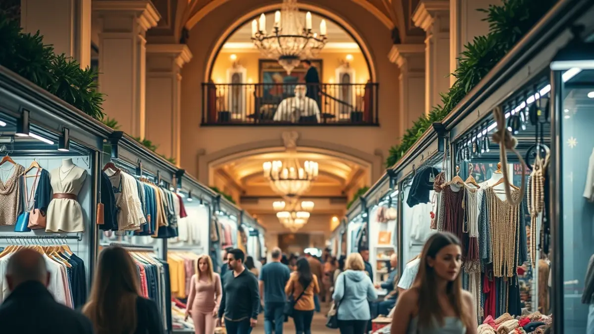 Imagen de un mercadillo de diseño en un hotel elegante, con puestos de moda y accesorios.