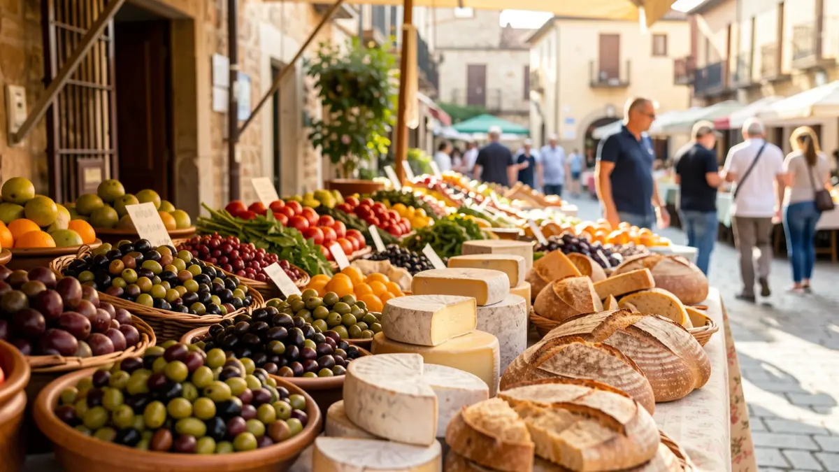 Outdoor market stall with fresh local products in the Community of Madrid.