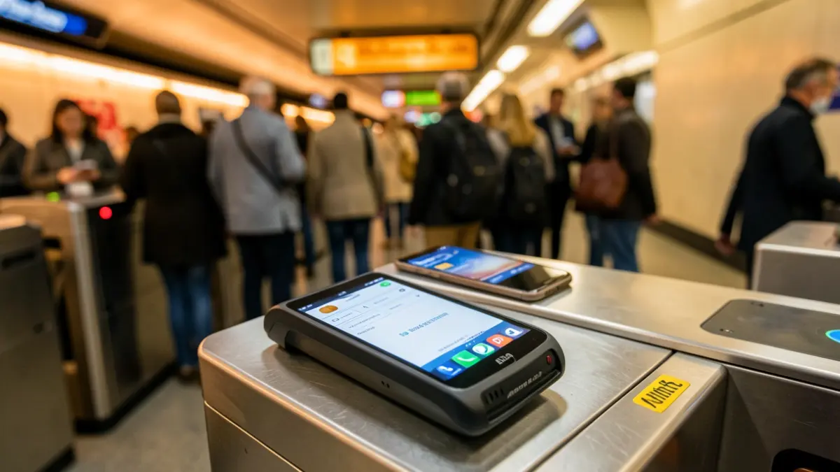 Close-up of a Madrid Metro turnstile with a contactless payment terminal.