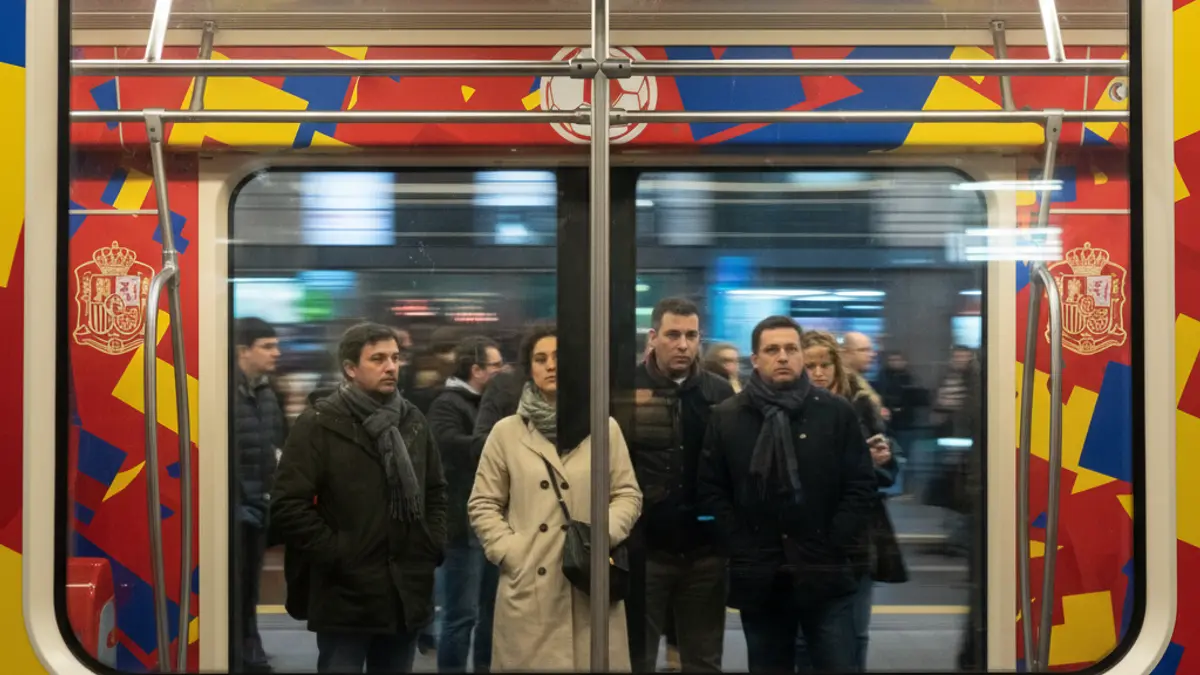 Image of a Madrid Metro train decorated with football motifs.