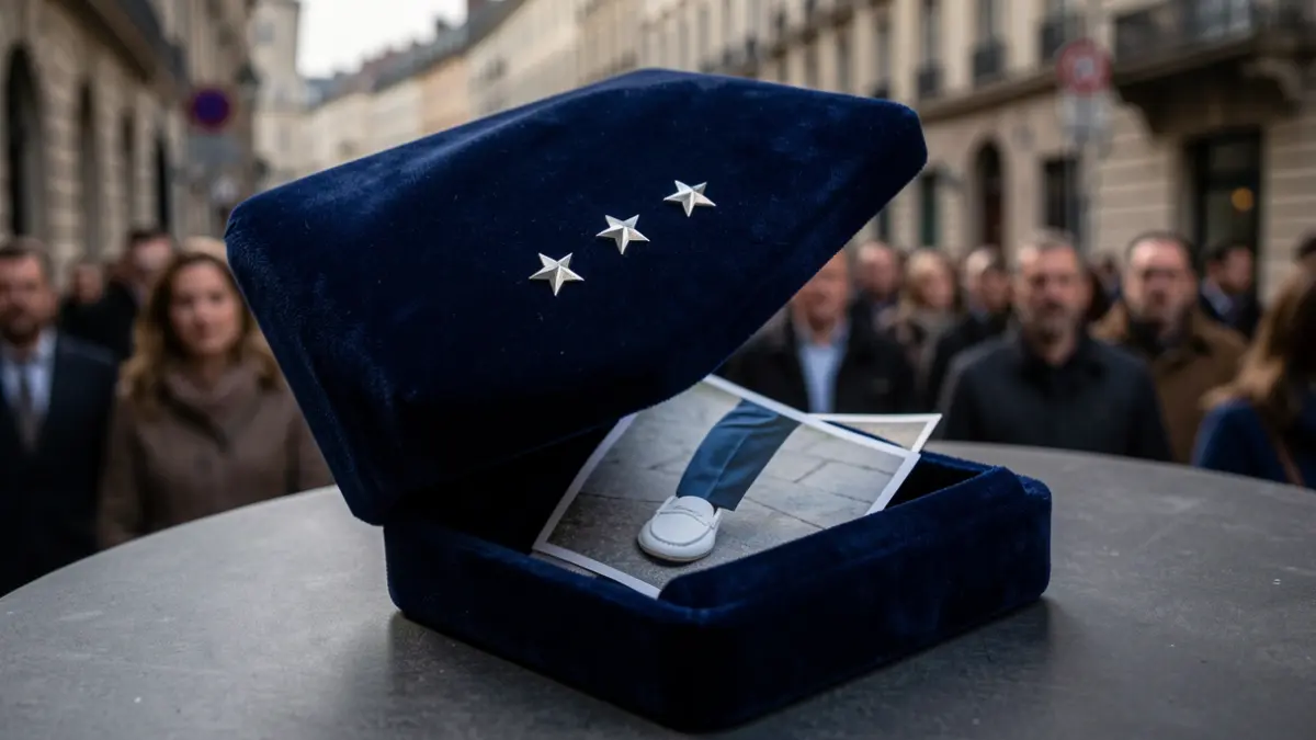 Caja de terciopelo azul oscuro con estrellas plateadas y un fragmento de fotografía.