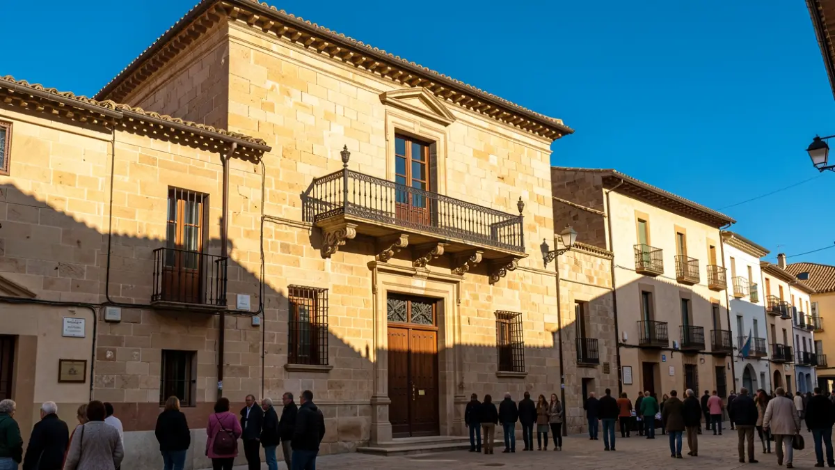 Fachada de un ayuntamiento de piedra con balcón y barandillas de hierro, luz de tarde.