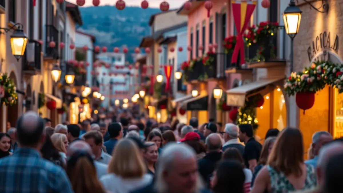 Imagen genérica de una calle festiva en un pueblo español, con luces y decoraciones.