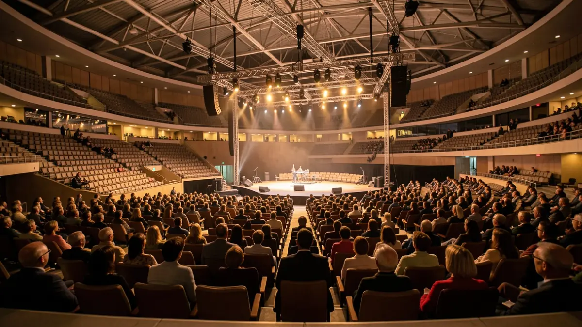 Vista interior del escenario en un gran recinto de eventos en Madrid.