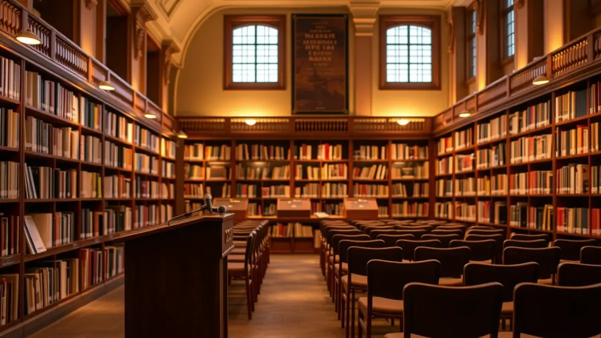 Generic image of a museum interior or conference hall with warm lighting and bookshelves.