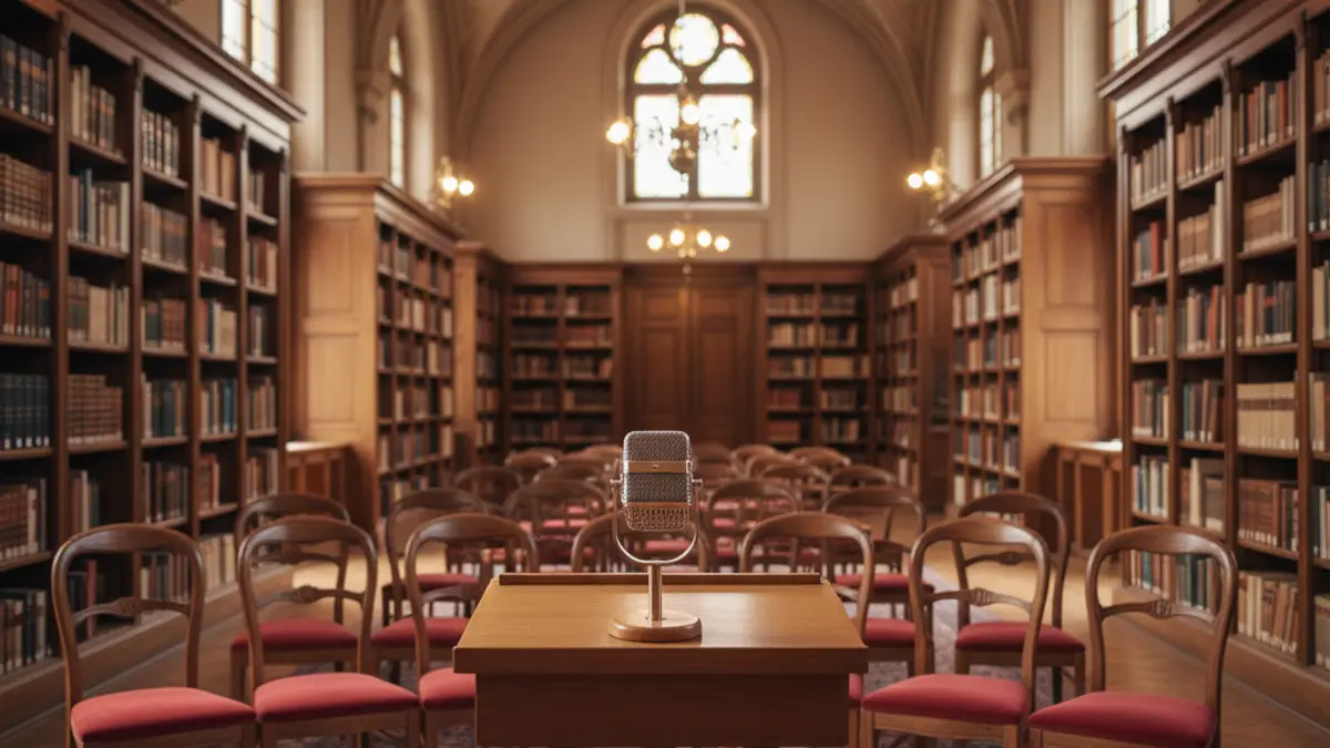 Imagen genérica de un interior de museo o biblioteca con estanterías y un podio.