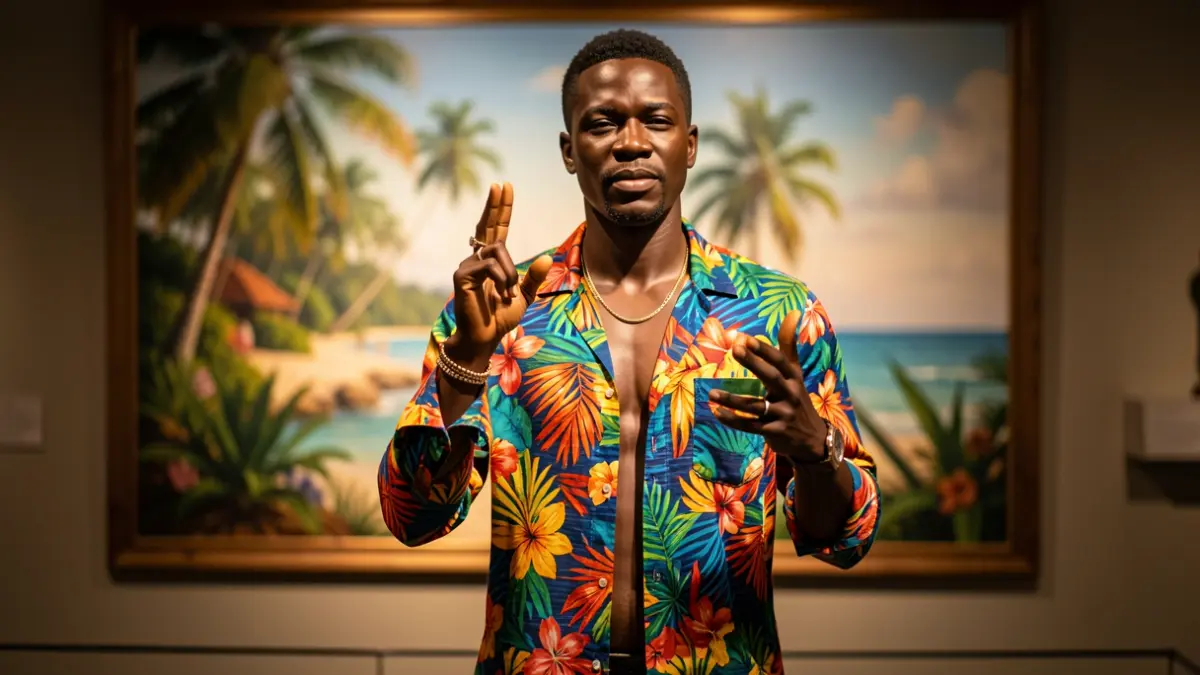 Figura de cera de un músico famoso en pose característica, ambientada en un museo con temática caribeña.