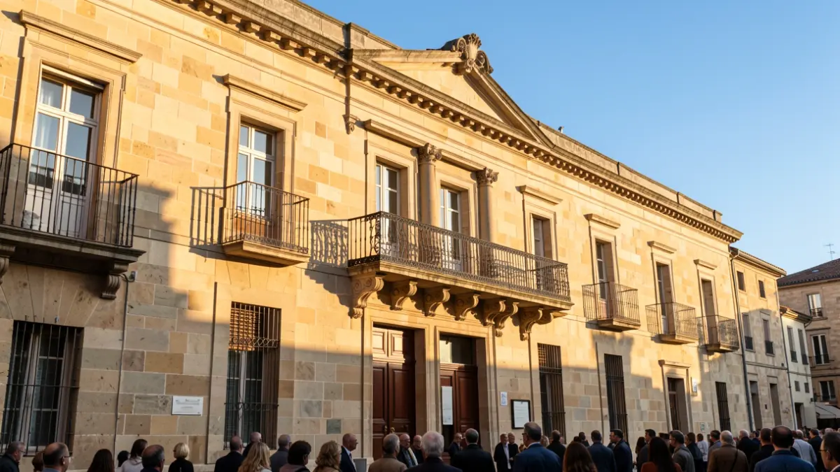 Fachada de un ayuntamiento histórico con balcón y barandillas de hierro, bajo la luz del sol de la tarde.