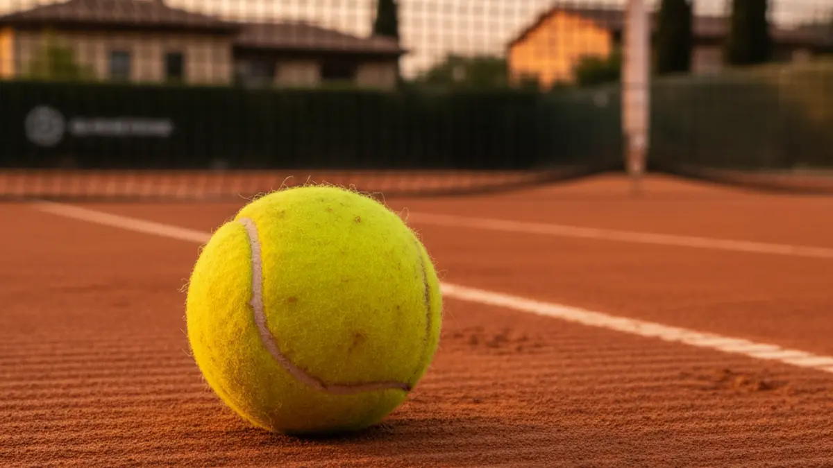 Generic image of a tennis ball on a clay court.