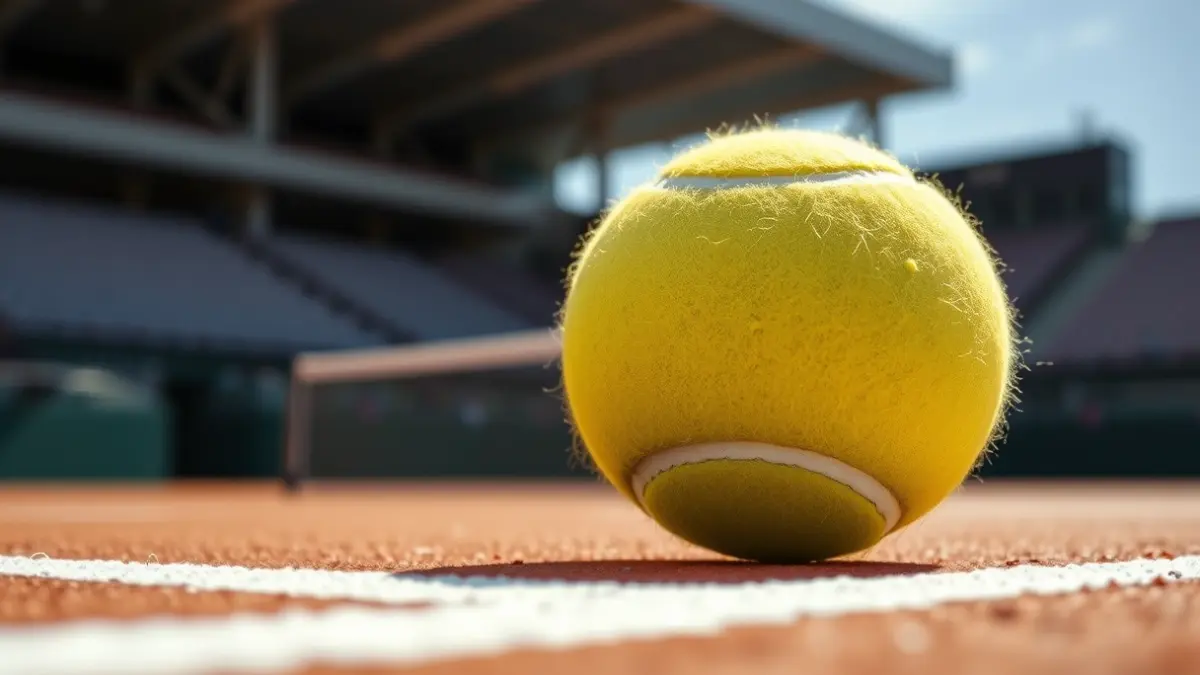 Generic image of a tennis ball on a clay court.