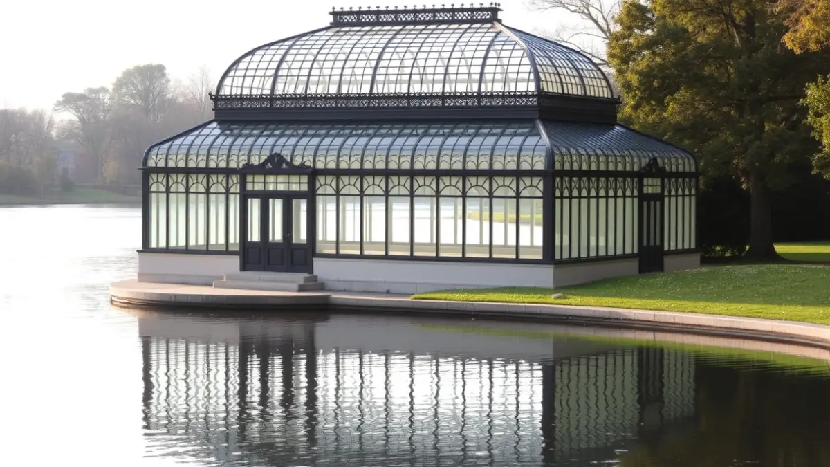 Imagen del Palacio de Cristal en el Parque del Retiro, Madrid, reflejado en el estanque.