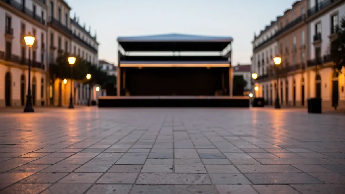 Plaza de Lima in Madrid at dusk, with a stage set up for a large event.