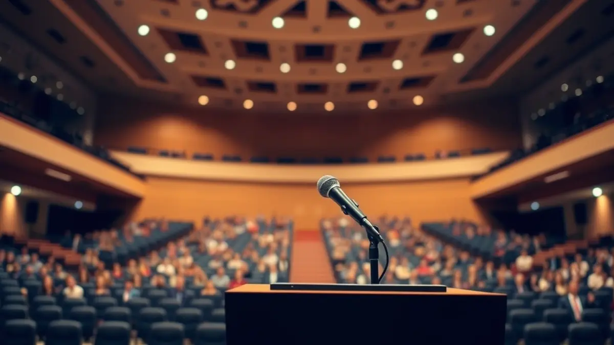 Imagen genérica de un micrófono en un podio, simbolizando un discurso o evento oficial.
