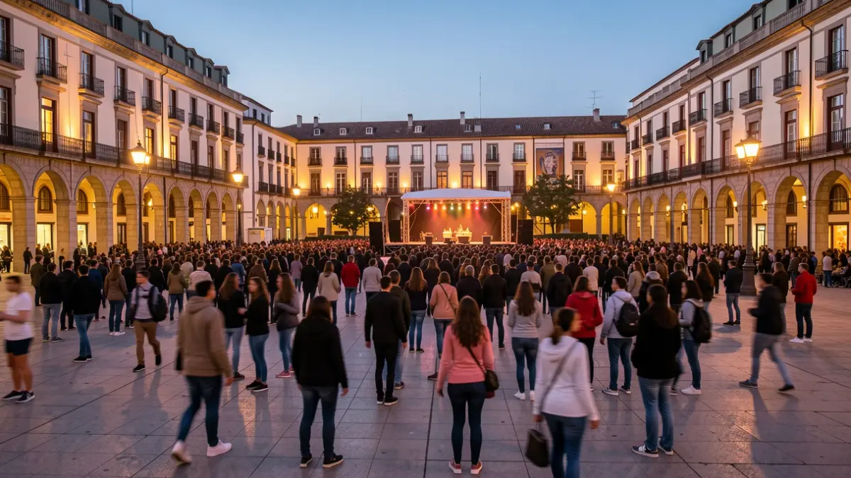 Generic image of a plaza in Madrid with young people gathered at dusk.