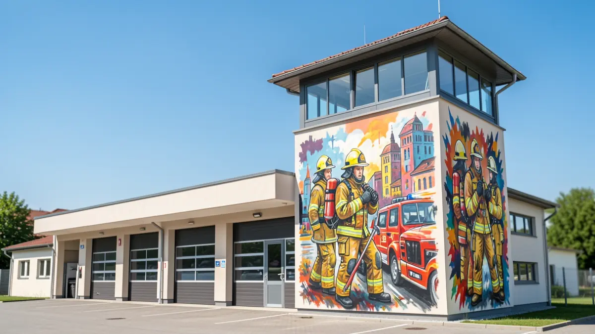 Artistic mural on the training tower of a fire station.