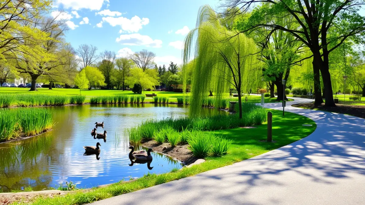 Generic image of a park with a pond and ducks, under spring sunlight.
