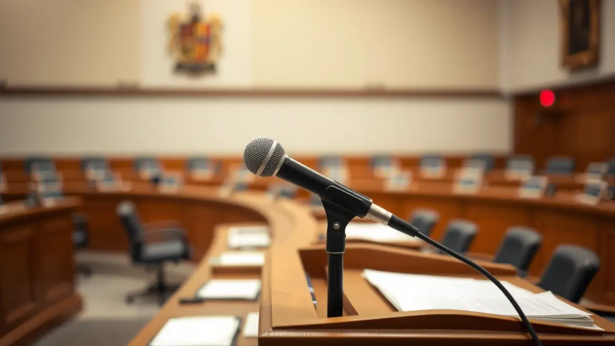Generic image of a microphone on a podium in a municipal council chamber.