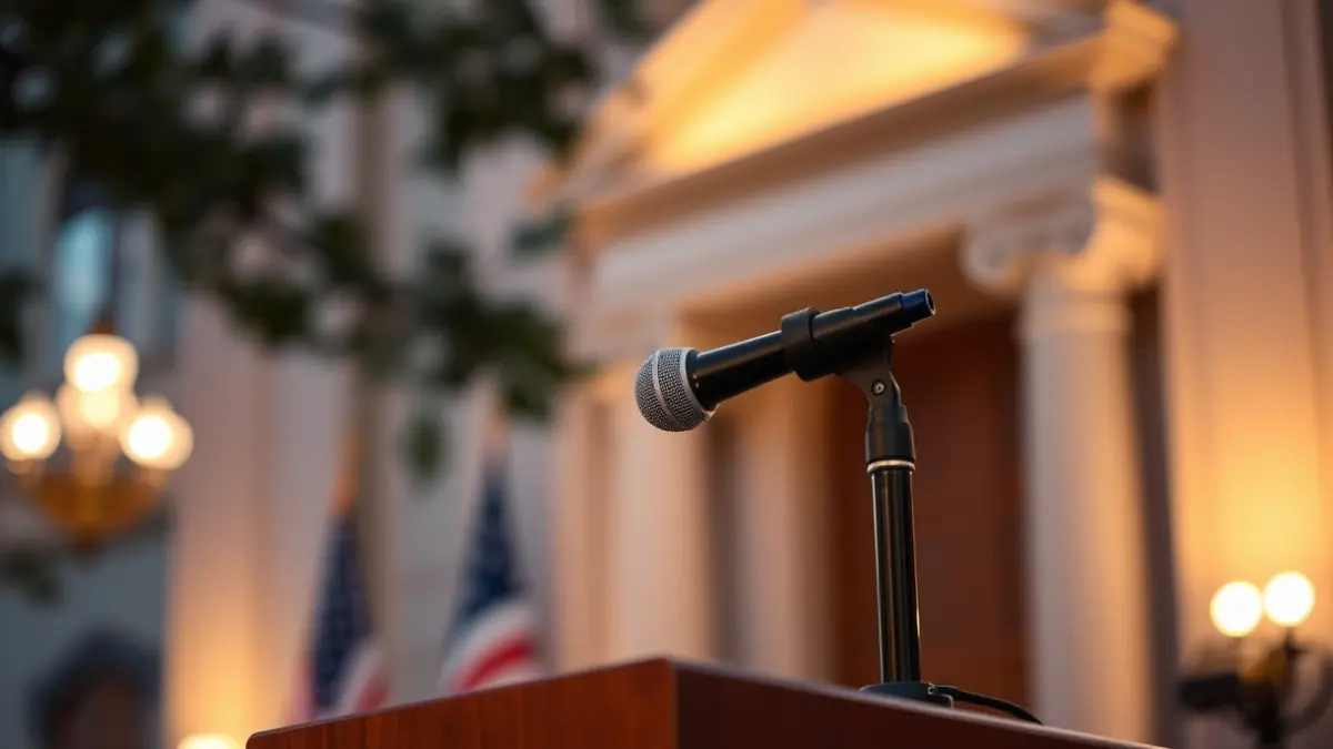 Generic image of a microphone on a podium, symbolizing a political speech.