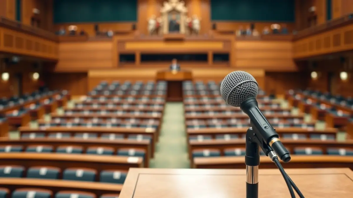 Generic image of a microphone on a podium in an assembly hall, symbolizing politics.
