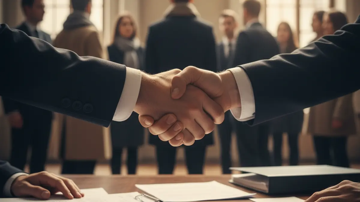 Generic image of an agreement or contract, with two hands shaking over a desk with documents.