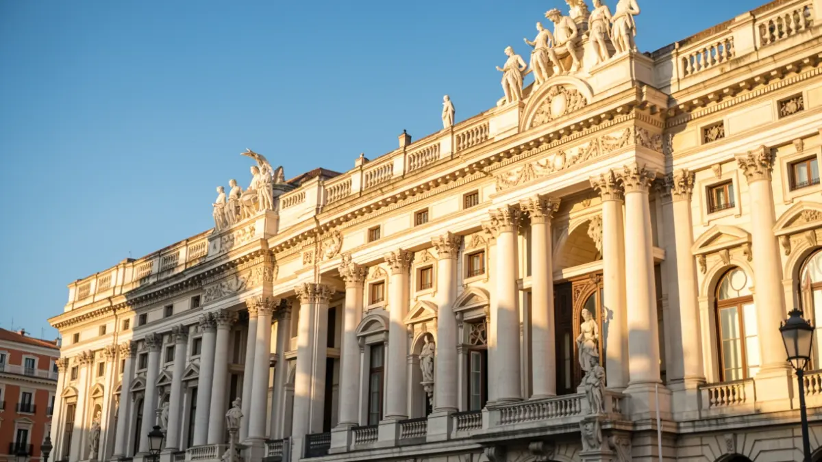 Facade of the Palacio de Cibeles in Madrid under the afternoon sun.