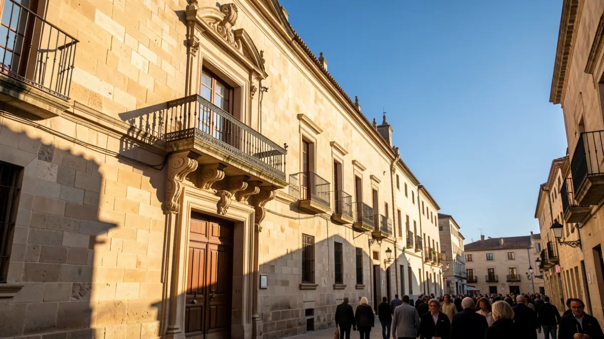 Facade of a stone town hall with a balcony and iron railings, under the afternoon sunlight.
