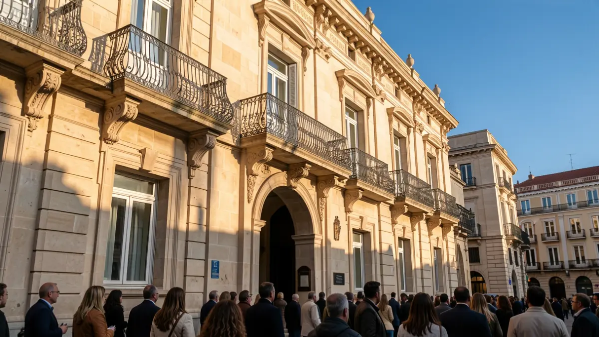 Facade of a town hall in the Community of Madrid with a balcony and iron railings, warm afternoon light.