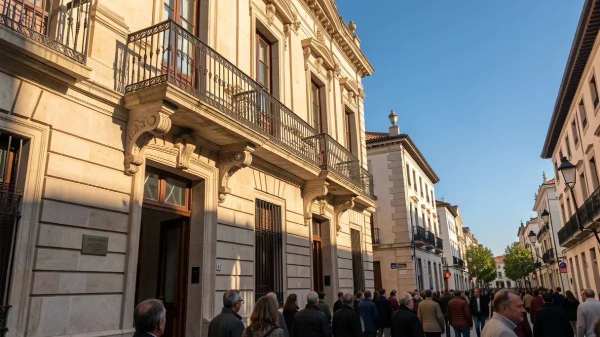 Facade of a town hall in the Community of Madrid with a balcony and iron railings, afternoon sunlight.