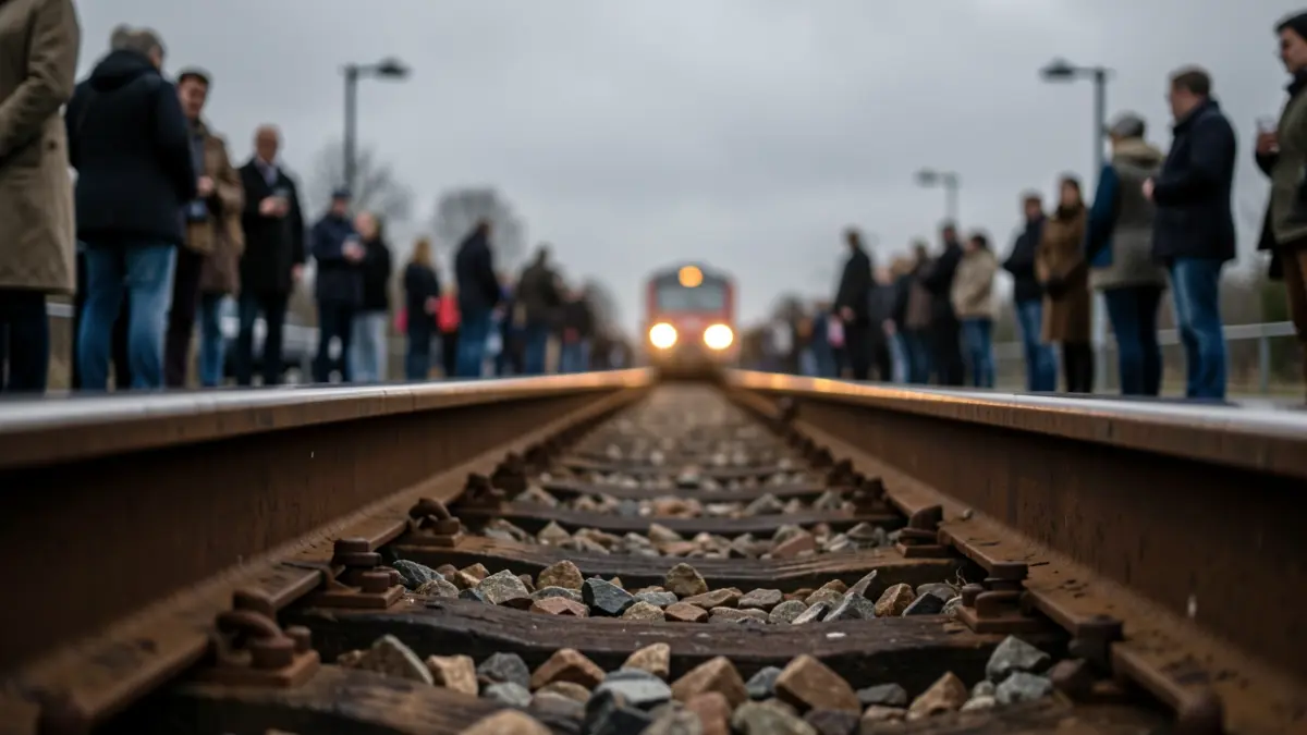 Generic image of train tracks with blurred lights in the background.