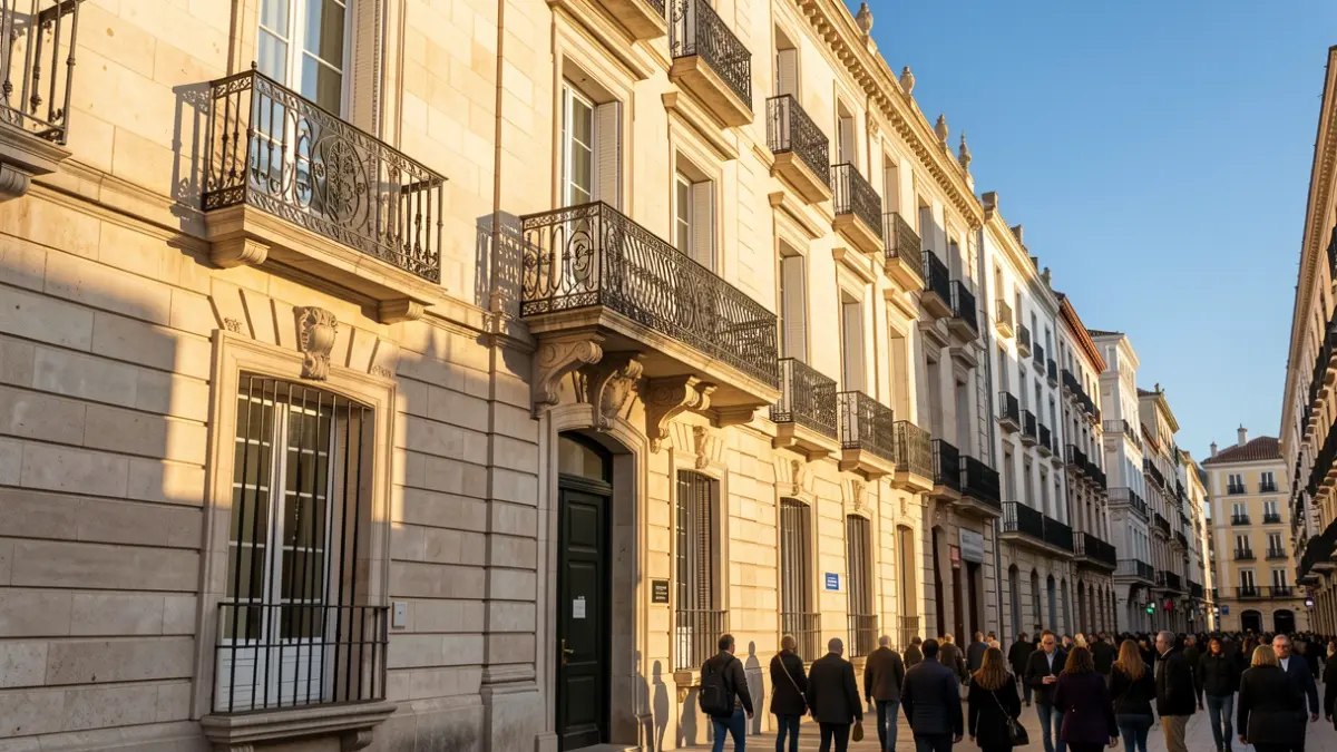 Facade of a town hall in the Community of Madrid with a balcony and iron railings, afternoon sunlight.