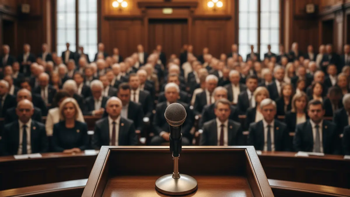 Generic image of a microphone on a podium during a political event.
