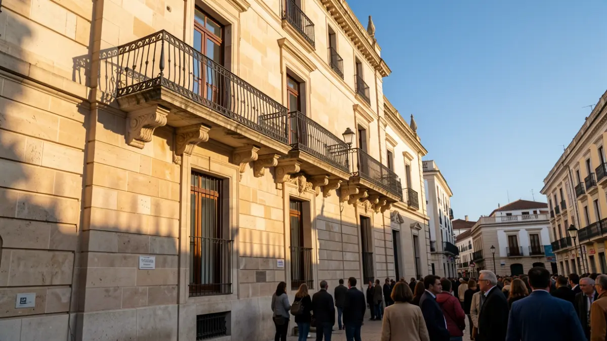 Facade of a town hall in the Community of Madrid with a balcony and iron railings, warm afternoon light.