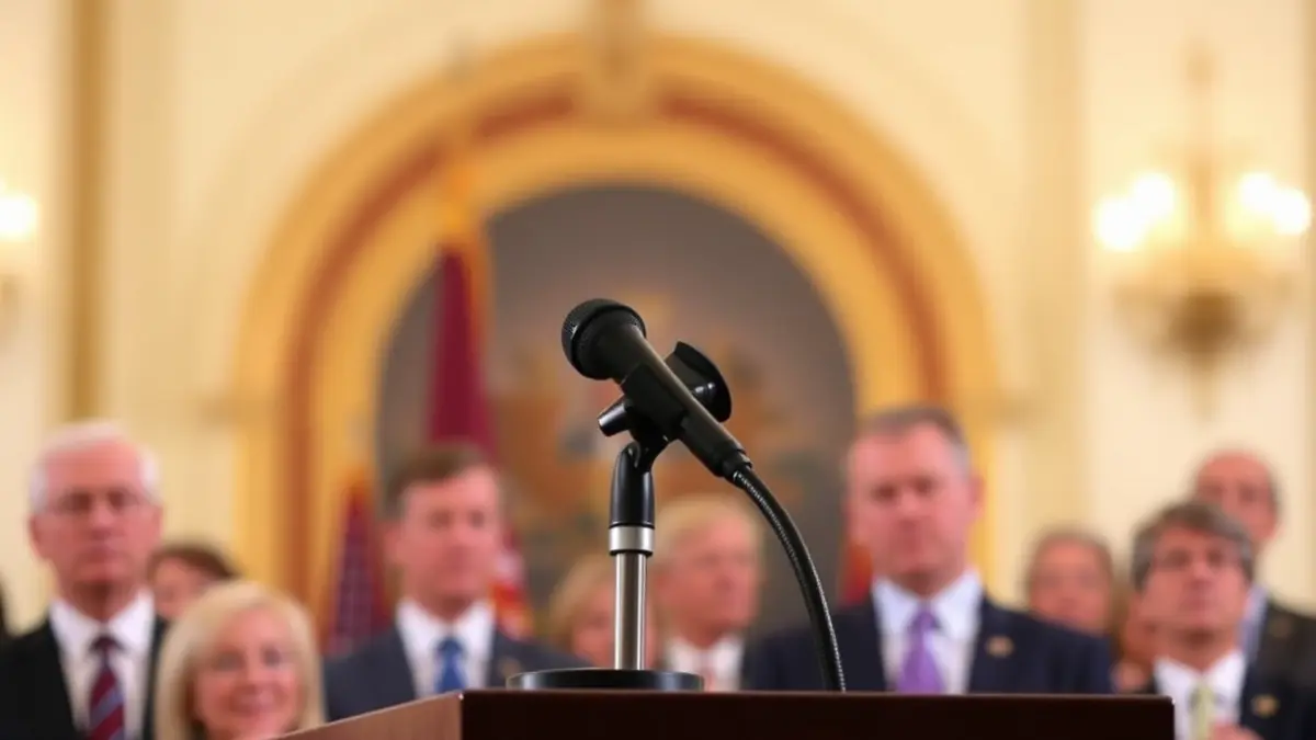 Generic image of a microphone on a podium during a political event.