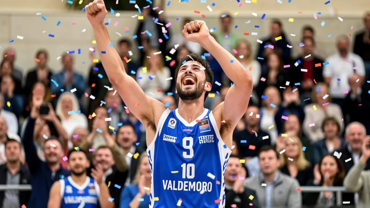 Jugador del Qualis Villa de Valdemoro celebrando el ascenso a Tercera FEB.