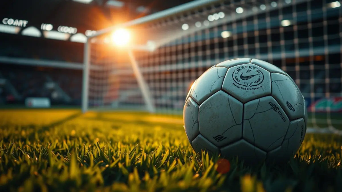 Generic image of a soccer ball on a field, with the goal in the background.
