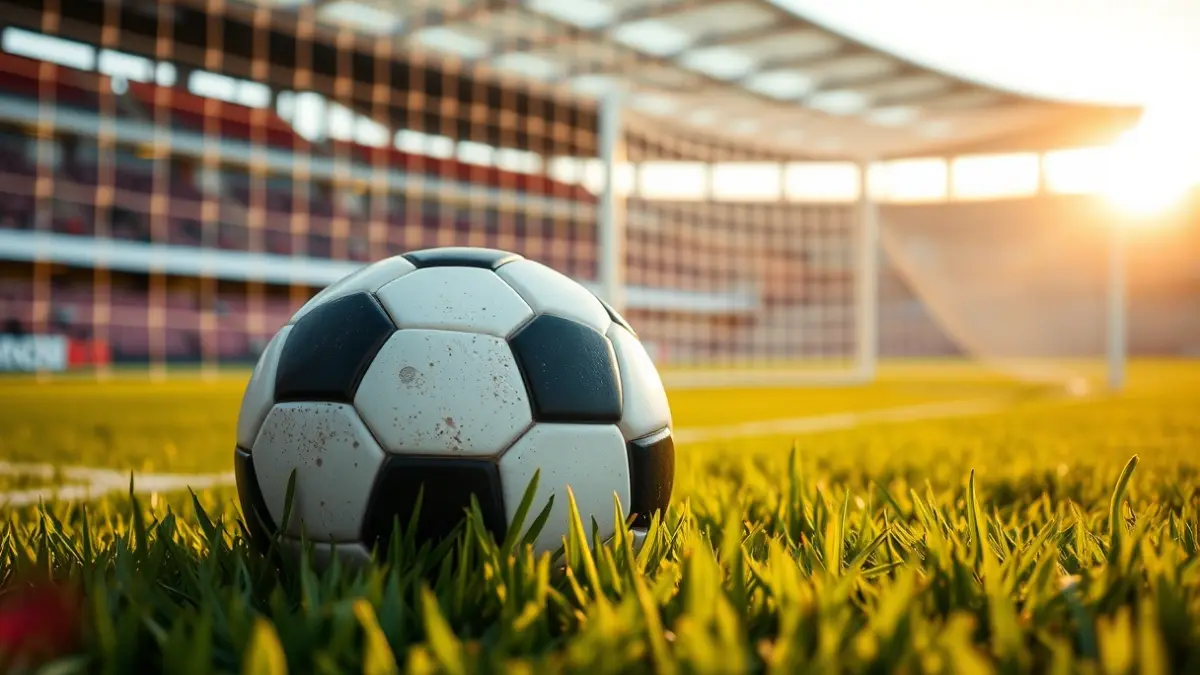 Generic image of a soccer ball on a field, with the goal in the background.