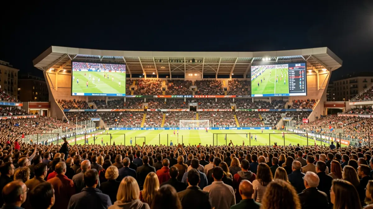 Generic image of the Estadio de Vallecas in Madrid at night, with giant screens showing a football match and fans in the stands.
