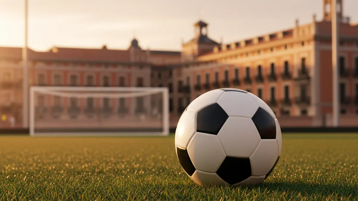 Generic image of a soccer ball on a field, with the goal in the background.