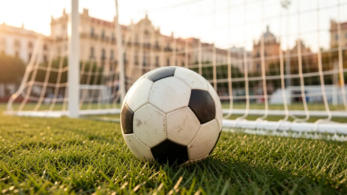 Generic image of a soccer ball on grass with the goal net blurred.