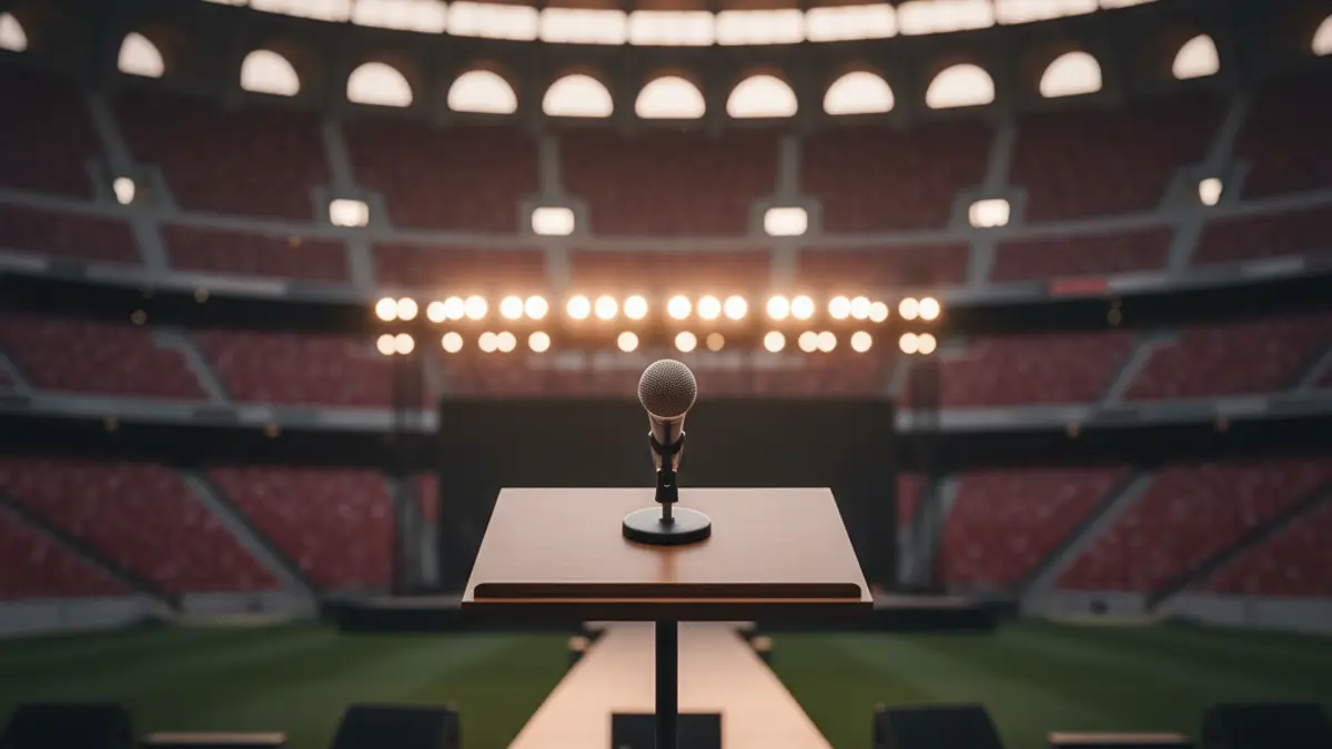 Image of a microphone on a podium in an empty stadium, with blurred stage lights.