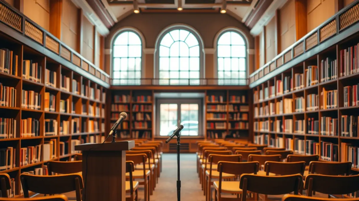 Generic image of a library interior with a podium and chairs, representing a cultural event.