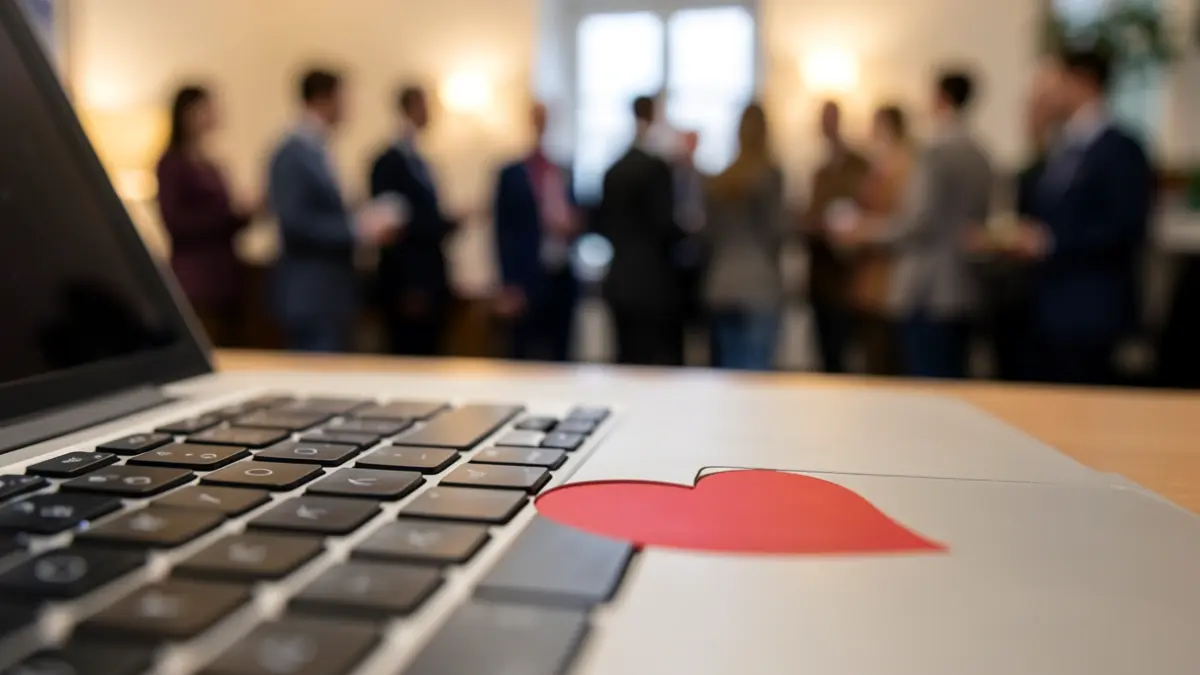 Close-up of a laptop keyboard with a red heart symbol, in a home office environment.