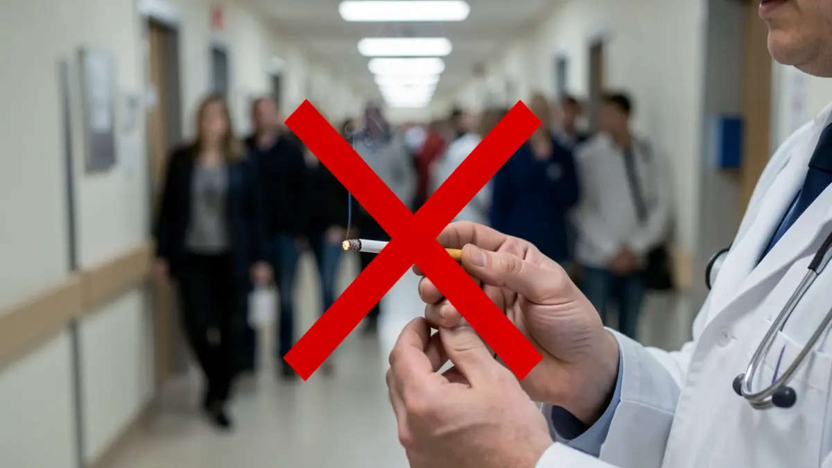 Generic image of a no smoking symbol over a cigarette in a hospital setting.