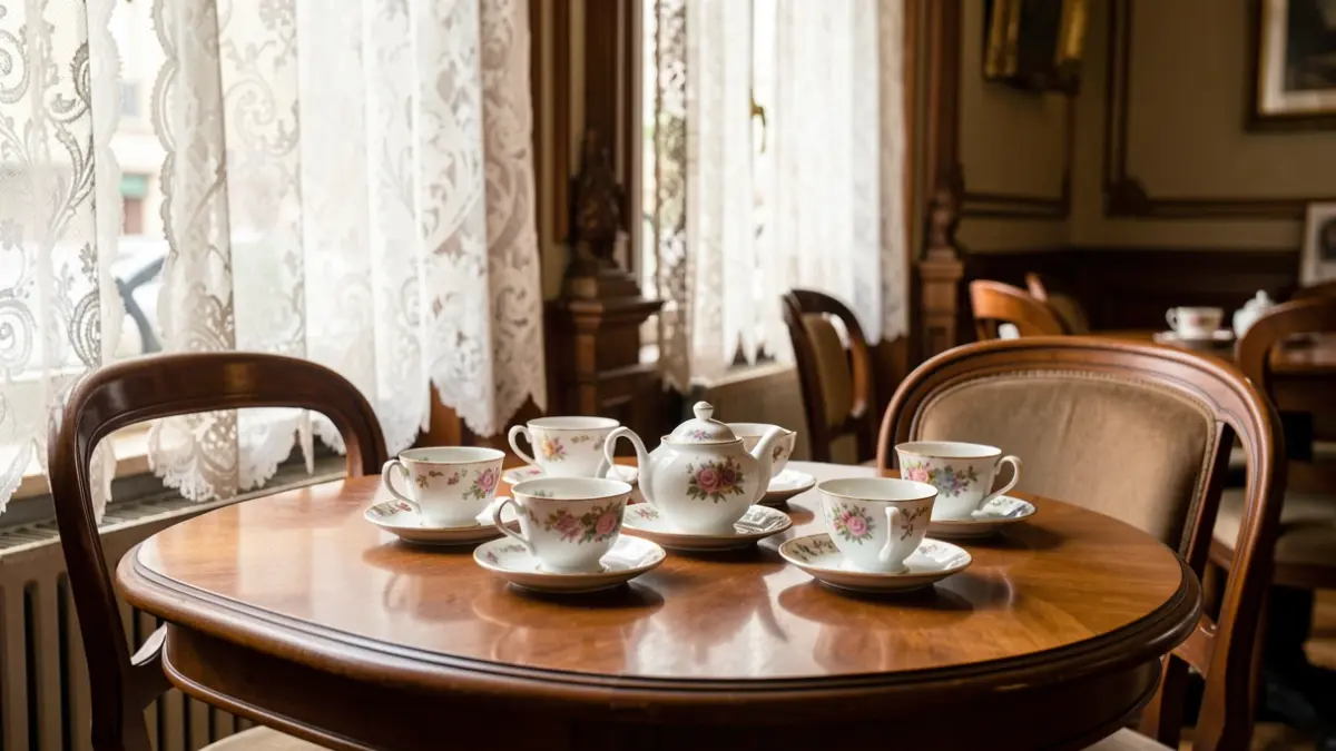 Interior de un salón de té antiguo en Madrid con vajilla de porcelana.