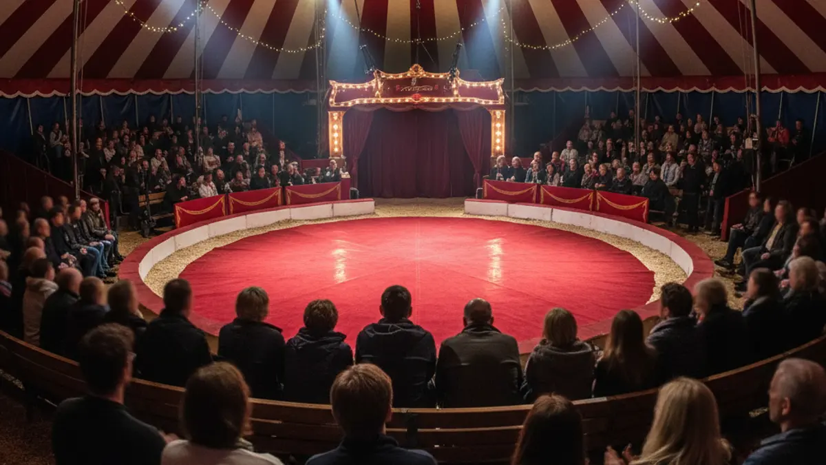 Imagen genérica del interior de una carpa de circo con focos en el escenario.