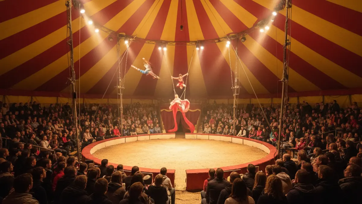 Generic image of a circus show with acrobats and lights.
