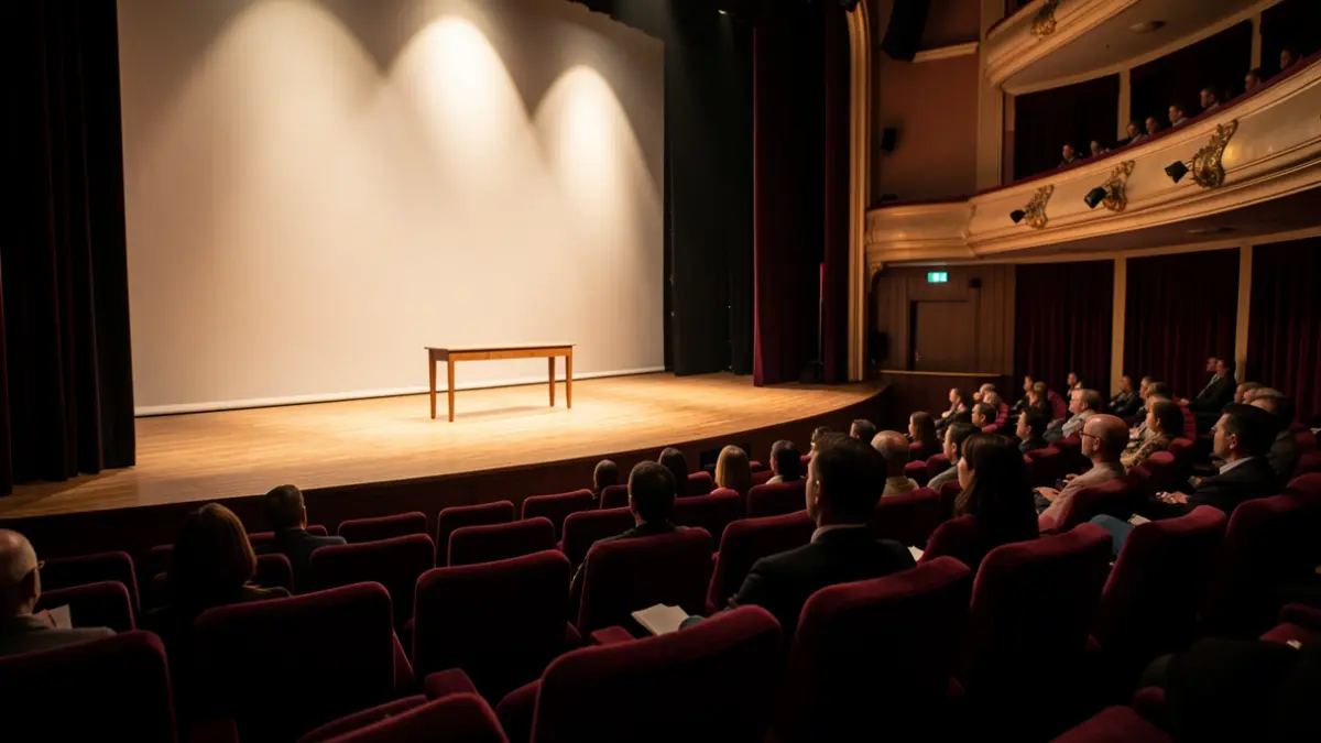 Imagen genérica de un escenario de teatro con iluminación cálida y butacas vacías.